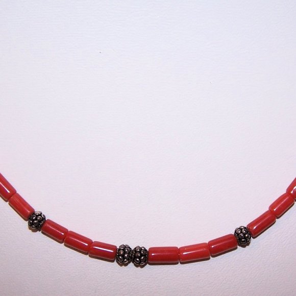 Sterling Silver and Red Coral Bead Necklace and Bracelet - Picture 2 of 8
